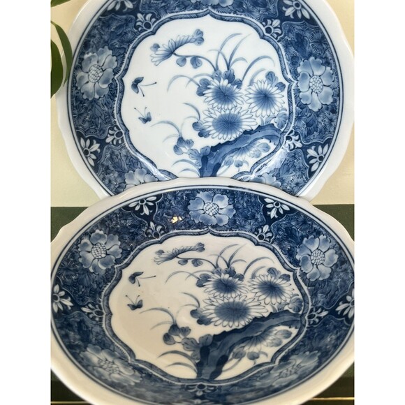 Vintage Japanese Set Of 2 Rice Soup Bowl Blue/White Flowers Design Home Decor - Picture 6 of 10